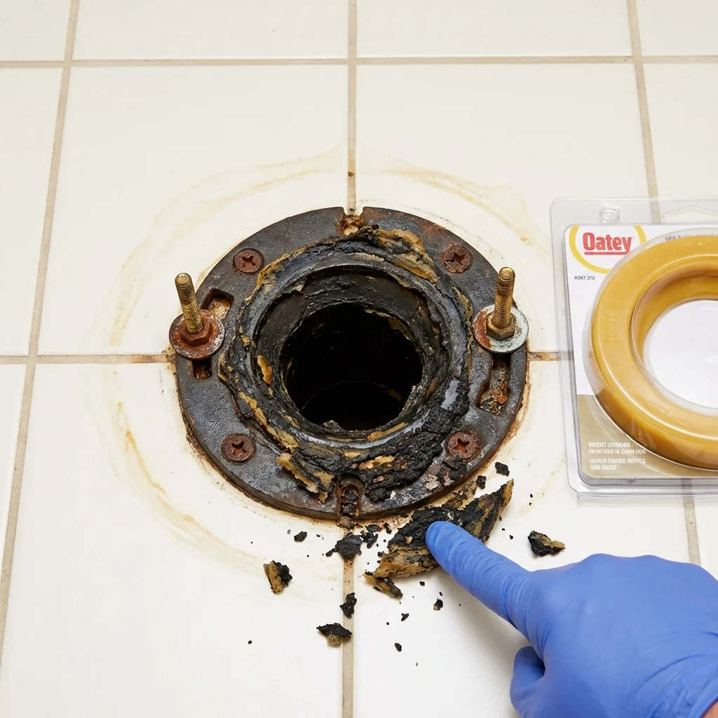 Failed wax ring showing water seepage at the base of a toilet in a Mount Vernon, OH home