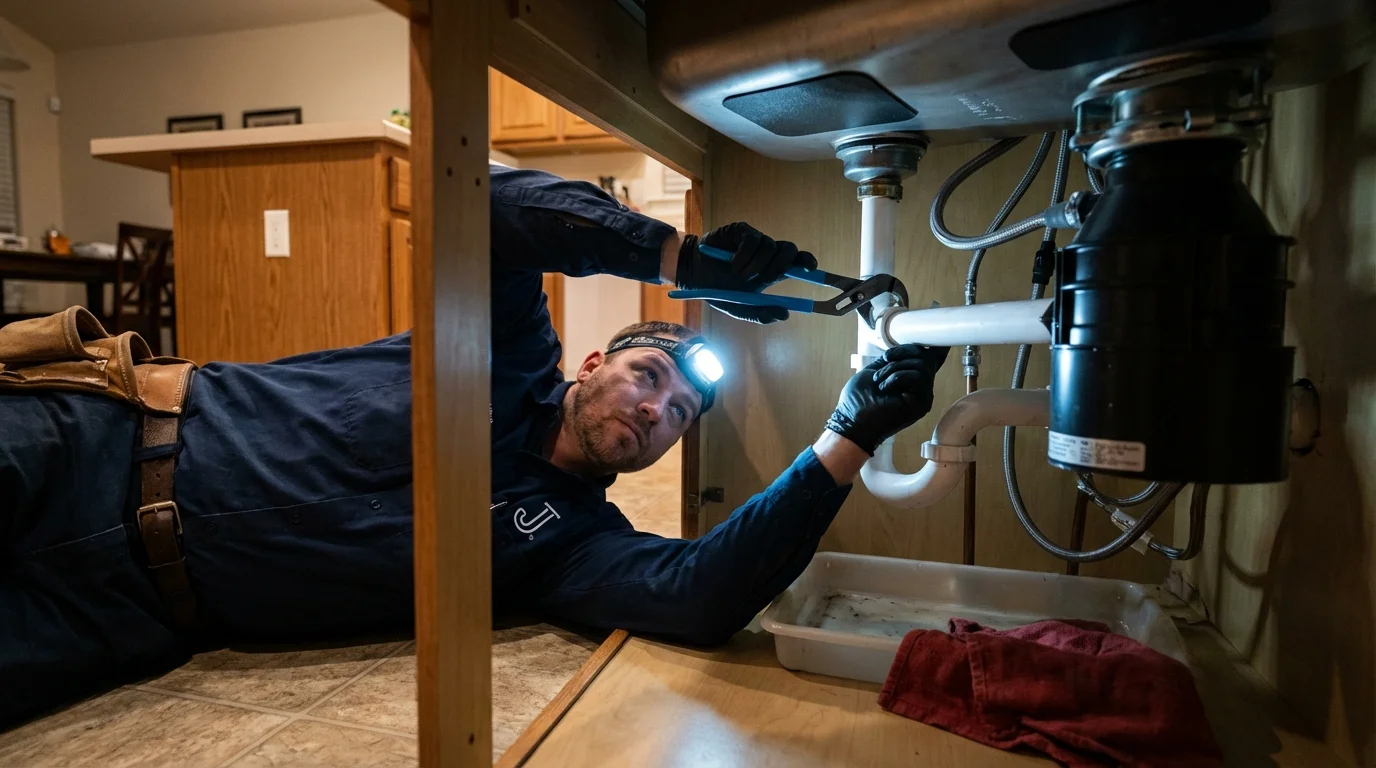 P-trap and supply line connections under a kitchen sink showing a common leak point in Mount Vernon, OH